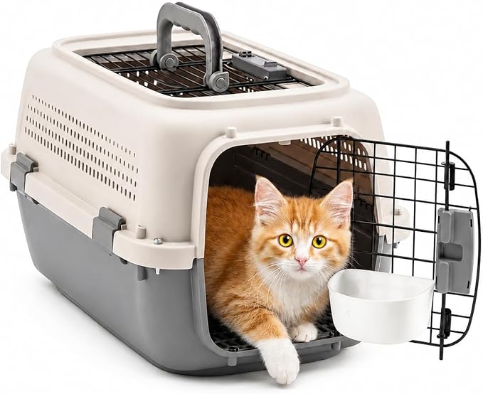 23" Airline Approved Cat Carrier Hard Shell, Dual-Entry Pet Carrier with Top & Front Doors, Detachable Food Bowl & Secure Lock, Breathable Dog Carrier for Cats & Small Dogs Up to 22 lbs - Grey