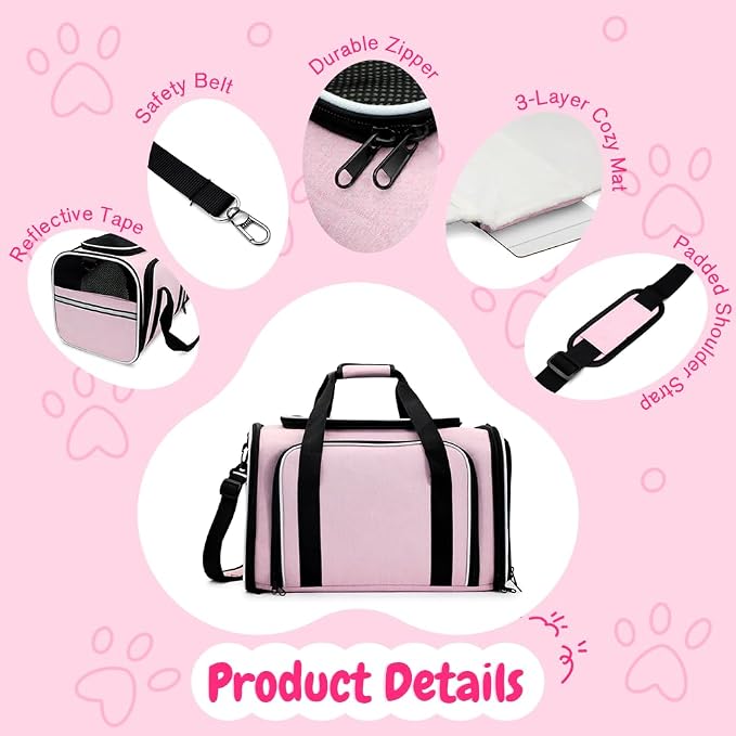 Double Expandable Cat Carrier,Airline Approved Soft-Sided Pet Travel Carrier for Small Dogs Cats under 15 lbs,Waterproof 600D Oxford Fabric with Washable Replacement Liner,Odor-Free & Claw-Proof(Pink)