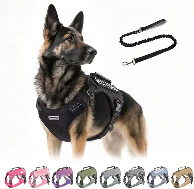 Tactical Dog Harness with Leash for Large Dogs, No Pull Adjustable Dog Harness, Reflective K9 Working Pet Vest for Walking, Training (Black, M)