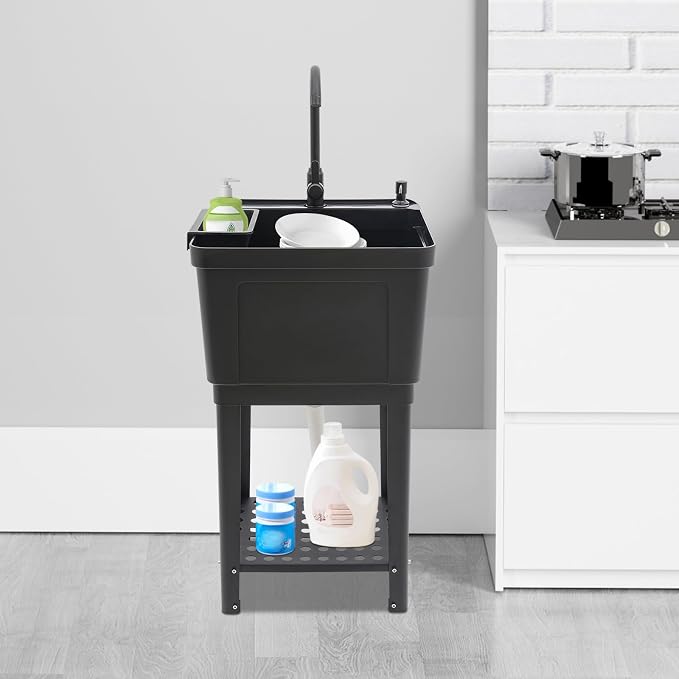 Tall Freestanding Plastic Utility Sink with Hose Hook Up Black | 360° Rotating Hot and Cold Faucet, Built-in Soap Box and Soap Dispenser, Bottom Storage Rack, Four Iron Support Feet