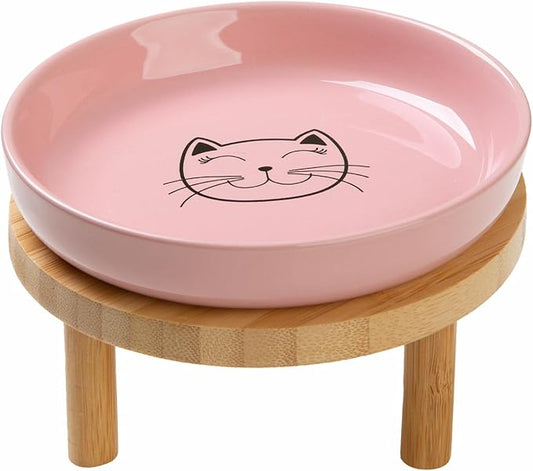 Lusifaco Shallow Elevated Cat Bowls,5.9 Inch Wide Raised Ceramic Cat Dishes with Bamboo Stand, Whisker Friendly Pet Water or Food Plates Feeding Station for Indoor Cats, Kitten(Pink,Set of 1)