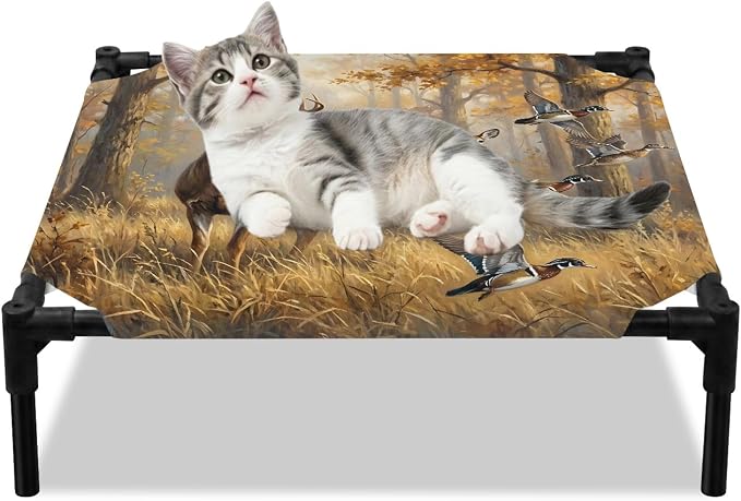 Outdoor Elevated Dog Bed for Small Dogs, Brown Deer Birds Breathable Cooling Raised Dog Cot for Indoor/Outdoor, Autumn Forest Trees Grass Natural Scenery Waterproof Elevated Pet Beds, S 20 x 20 in