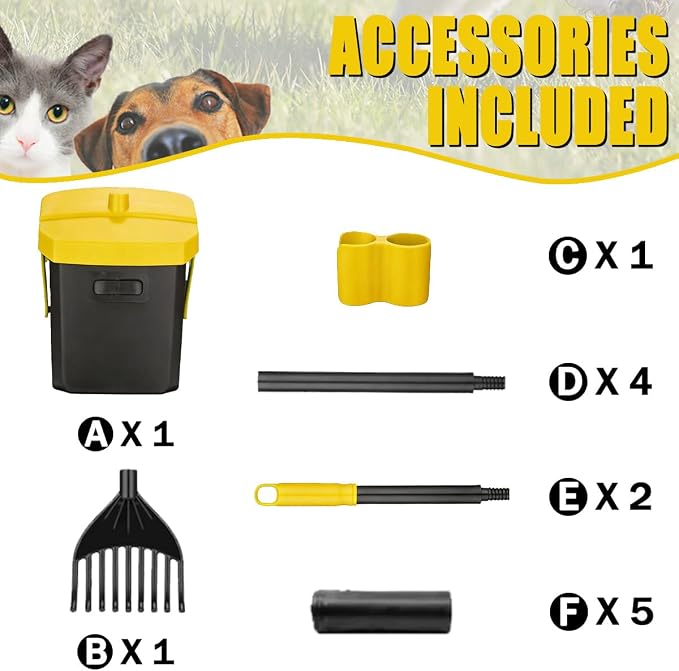 FUSBUNTY Pooper Scooper Swivel Bin & Rake with 100 Waste Bags, Dog Pooper Scooper with Bag Attachment for Large Medium Small Dogs, Poop Scooper with Lid for Lawn Yard Dog Kennel - Yellow