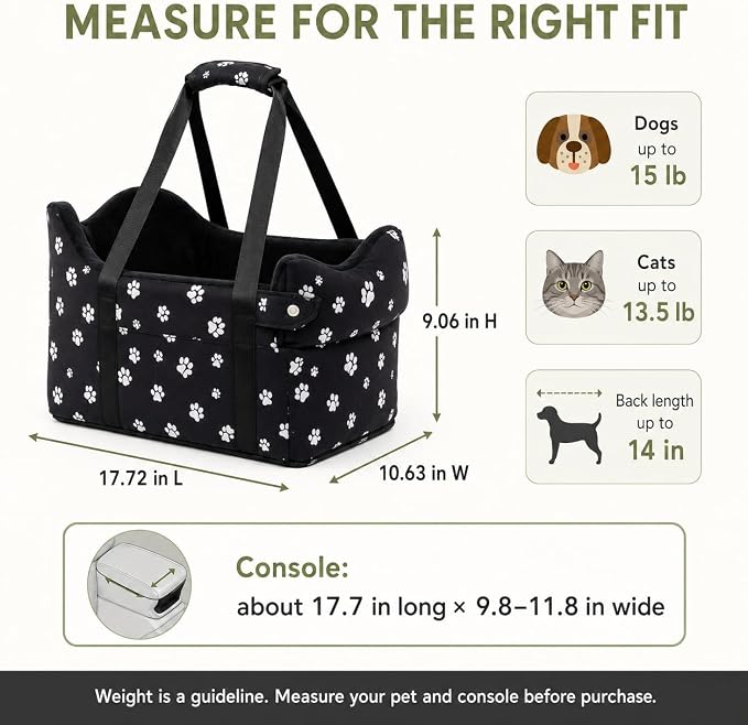 Center Console Dog Car Seat Safe Travel for Small Dogs Under 15 lbs Detachable Washable Pet Carrier with Storage Pockets & Safety Leash,Black