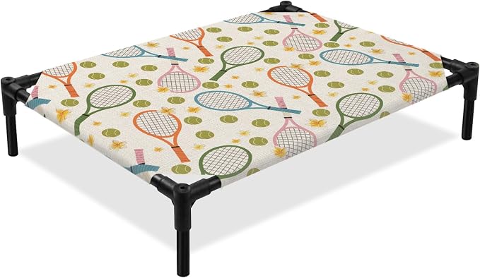 Outdoor Elevated Dog Bed for Large Dogs, Tennis Rackets Breathable Cooling Raised Dog Cot for Indoor/Outdoor, Farmhouse Flowers Ball Sports Theme Waterproof Elevated Pet Beds, L 28 x 22 in