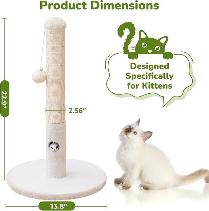Woochpet Cat Scratching Post for Kitten, 23in Tall Cute Small Cat Scratching Post with Premium Sisal Rope and Dangling Cat Toy Balls (White)