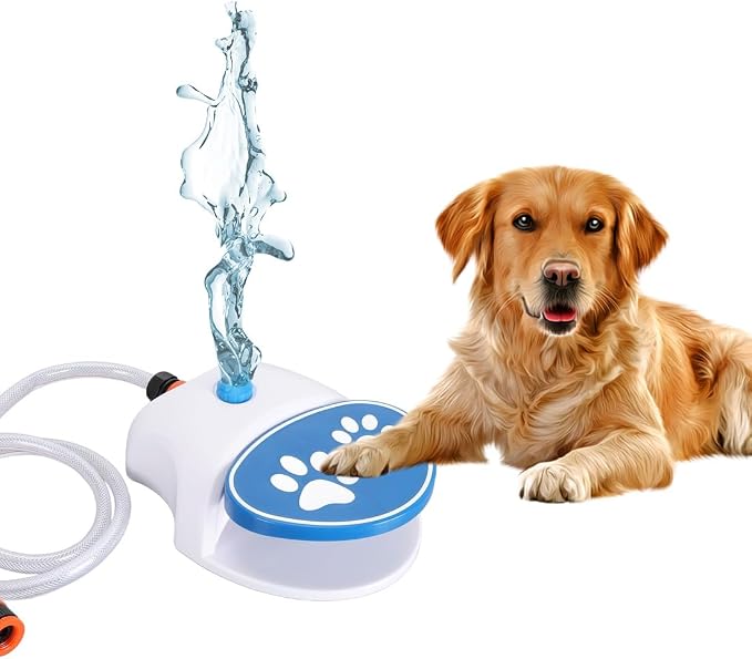 Outdoor Dog Water Fountain Step On, Large Dog Sprinkler Drinking Water Dispenser Dog Waterer Activated with Stainless Steel Braided Hose