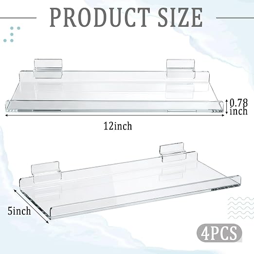 Yalikop 4 Pcs Slatwall Shelves Clear Acrylic Slatwall Shelves Organizer Wall Mounted Hanging Accessories Plastic Panel Display Shelf for Retail Store Boutique Garage Home(No Fence Style,12 x 5 Inch)