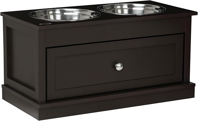 PawHut Large Elevated Dog Bowls with Storage Drawer - 11L Capacity, Raised Dog Bowl Stand Feeding Station, Brown | Raised Dog Bowl Stand, Pet Food Bowl, Pet Feeding Station