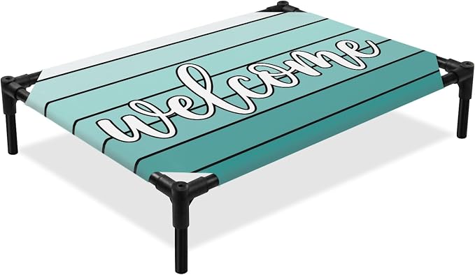 Outdoor Elevated Dog Bed for Medium Dogs, Teal Green Wooden Grain Breathable Cooling Raised Dog Cot for Indoor/Outdoor, Gradient Farmhouse Wood Plank Waterproof Elevated Pet Beds, M 24 x 20 in