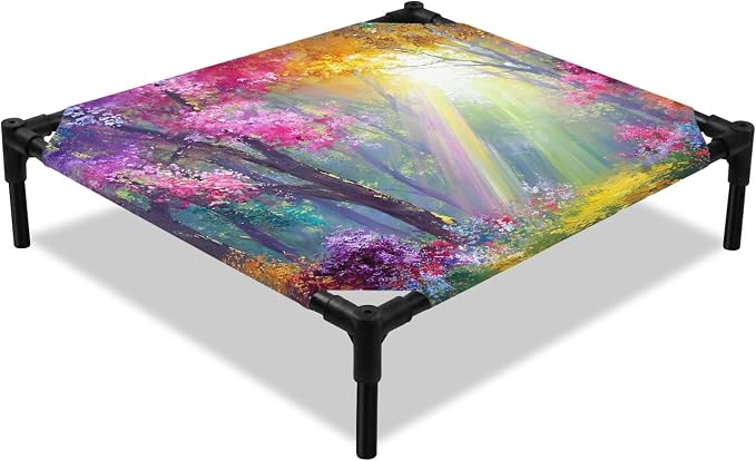 Outdoor Elevated Dog Bed for Small Dogs, Spring Tree Breathable Cooling Raised Dog Cot for Indoor/Outdoor, Forest Sunbeams Floral Botanical Waterproof Elevated Pet Beds, S 20 x 20 in