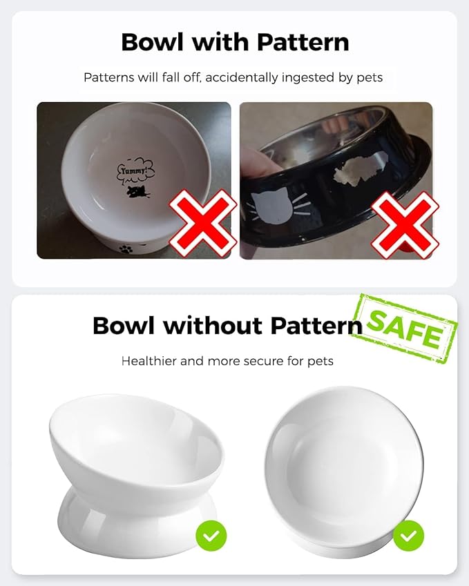 LoeJan Elevated Cat Food Bowl, 5 Oz Ceramic Raised and Tilted Water Bowl, Anti Vomiting and Protect Pets' Spines Dishes for Small Dog, Fat Faced Cat, Kitten (White, 4 Pack)