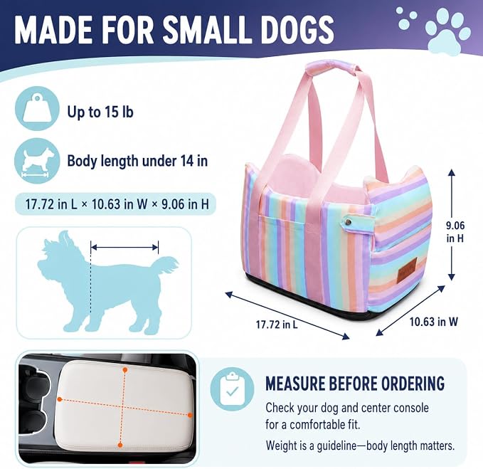 Dog Car Seat for Small Dogs 5-15 lbs, Pink Stripes | Center Console Puppy Booster and Portable Travel Bed, Anti-Collapse Design with Washable Fluffy Cushion