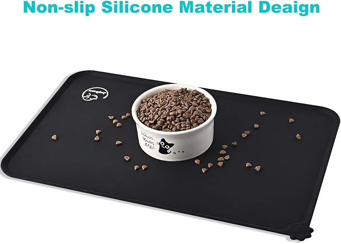 Silicone Waterproof Dog Cat Pet Feeding Mats, Non Slip, Easy Clean Pet Dog Cat Bowl Mats Placemat (24" x 16") Black