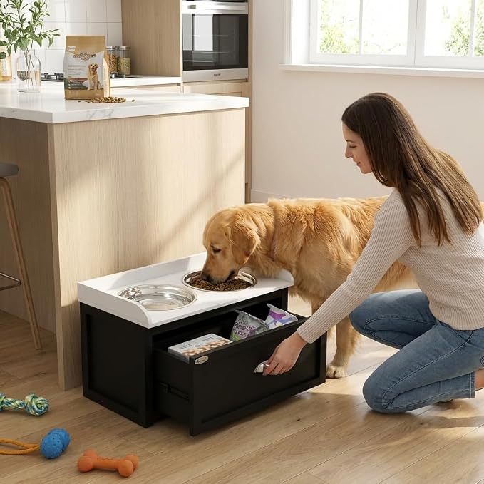 Pet Feeding Station with Storage, Elevated Dog Bowls Set for Large Dogs, White and Black Dual Bowl Feeder with Built-in Food Compartment, Raised Pet Dish Stand for Indoor Outdoor U