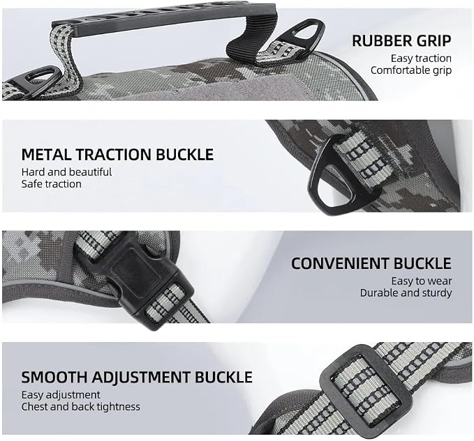 Tactical Dog Harness with Leash for Large Dogs, No Pull Adjustable Dog Harness, Reflective K9 Working Pet Vest for Walking, Training (Camouflage Grey, S)