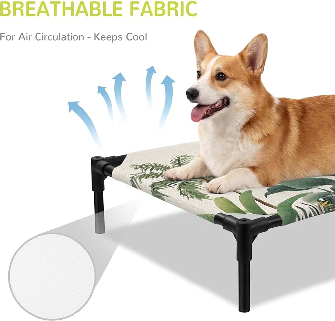 Outdoor Elevated Dog Bed for Medium Dogs, Summer Palm Tree Breathable Cooling Raised Dog Cot for Indoor/Outdoor, Tropical Botanical Floral Coastal Rustic Waterproof Elevated Pet Beds, M 24 x 20 in