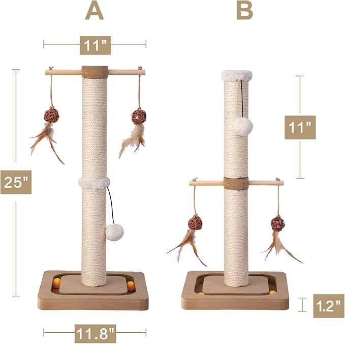 PEEKAB Cat Scratching Post Sisal Scratch Posts for Indoor Kittens and Cats,with Interactive Tracking Toys Suitable for Vertical Scratcher of Small and Medium-Sized Cats 25 Inches Beige