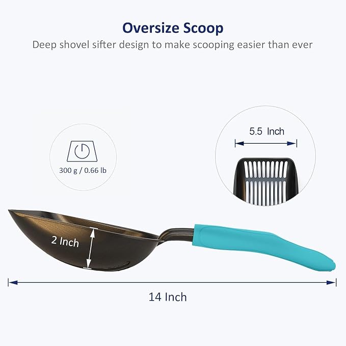 Cat Litter Scoop, Non-Stick Plated Aluminum Alloy Sifter, Kitty Durable Metal Scooper, Deep Shovel, Long Handle, Kitten Pooper Lifter, Size Large, Coated Black Body with Turkish Blue Handle