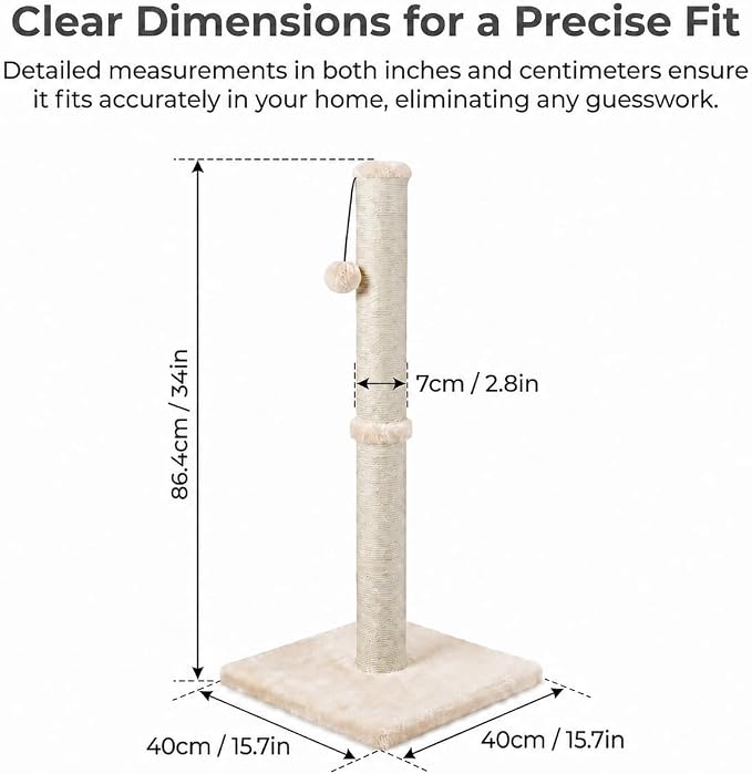 Dimaka 34" Height Tall Cat Scratching Post, Claw Scratcher with Sisal Rope and Covered with Soft Smooth Plush, Vertical Scratch [Full Strectch] Cats (Beige, 34 inches for Large Cats)