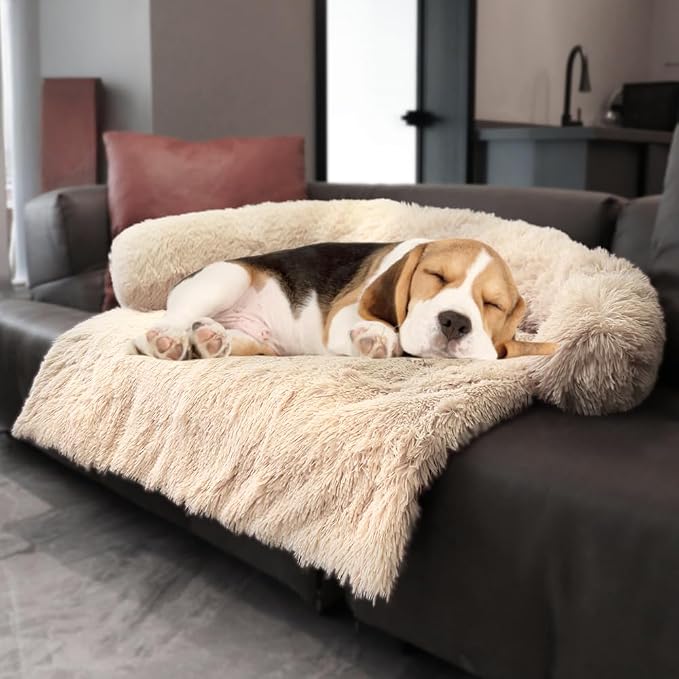 Luxurious Calming Dogs/Cats Bed Mats, Dog Pad Washable Removable Couch Cover, Plush Long Fur Mat for Pets, Waterproof Lining, Perfect for Small, Medium and Large Dogs and Cats (Beige, 36"x31")