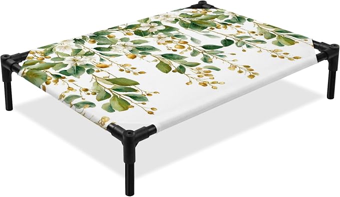 Outdoor Elevated Dog Bed for Medium Dogs, Floral Vine Breathable Cooling Raised Dog Cot for Indoor/Outdoor, White Hanging Buds Botanical Flowers Farmhouse Waterproof Elevated Pet Beds, M 24 x 20 in
