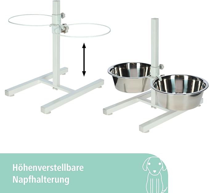 Kerbl Pet Food Bar with Stainless Steel Bowls, Fully Adjustable Dog Bowl, 2 x 2800 ml, Height 43 cm, White