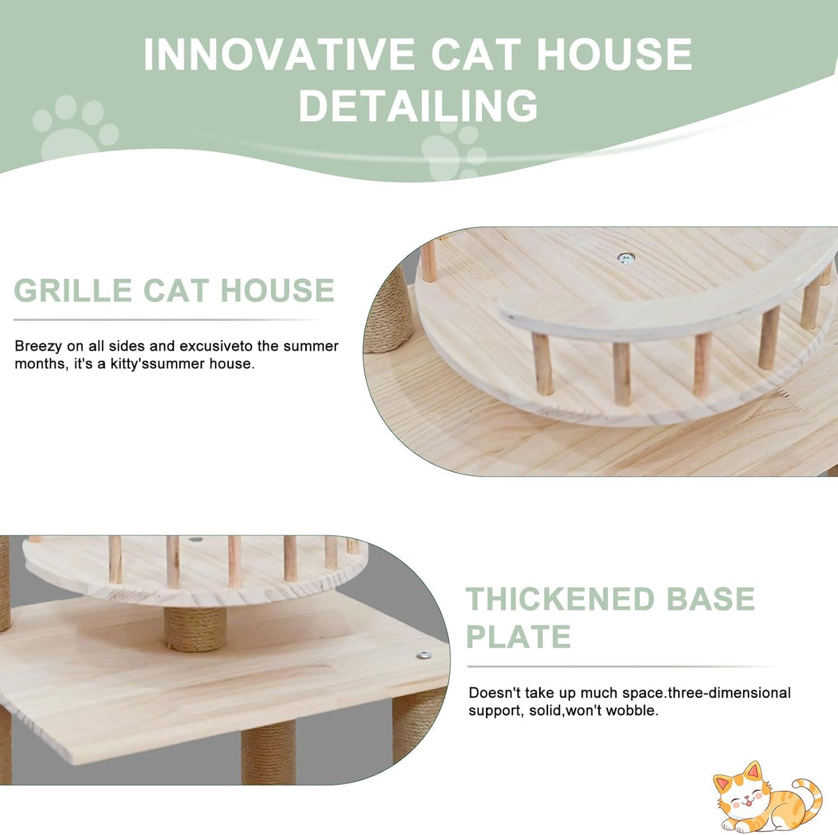 Wood Cat Tree 17” x 16”x 53” Modern Sturdy Cat Tower with Double Condos Hand-Woven Beds & Toys Multilevel Huge Paws Pals Tree Indoor Cat Furniture for Big Cats