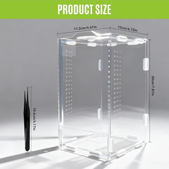 Jumping Spider Enclosure, Front-Opening Acrylic Spider Terrarium，Laser-Cut Biomimetic Ventilation System, Escape-Proof for Feeder Insects
