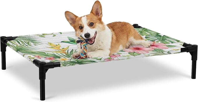 Outdoor Elevated Dog Bed for Large Dogs, Summer Hummingbirds Breathable Cooling Raised Dog Cot for Indoor/Outdoor, Farmhouse Floral Palm Leaves Wooden Waterproof Elevated Pet Beds, L 28 x 22 in