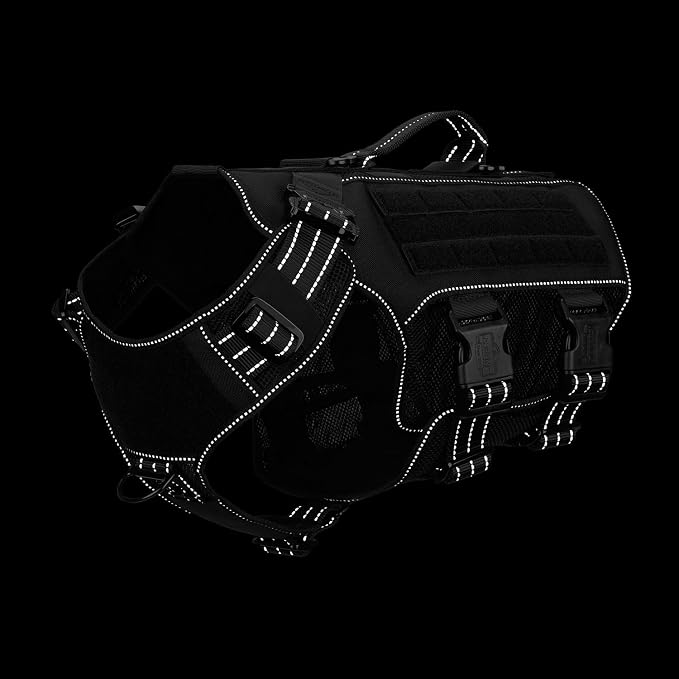ICEFANG Tactical Mesh Dog Harness for Medium Dogs,Reflective Dog Molle Vest | Summer-Cooling, Control Handle,Adjustable,Front Hook,3 Leash Clips,Soft Padded,No Pull,Black,Medium