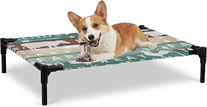 Outdoor Elevated Dog Bed for Large Dogs, Farmhouse Barn Breathable Cooling Raised Dog Cot for Indoor/Outdoor, Cow Pig Chicken Windmill Wooden Plank Waterproof Elevated Pet Beds, L 28 x 22 in
