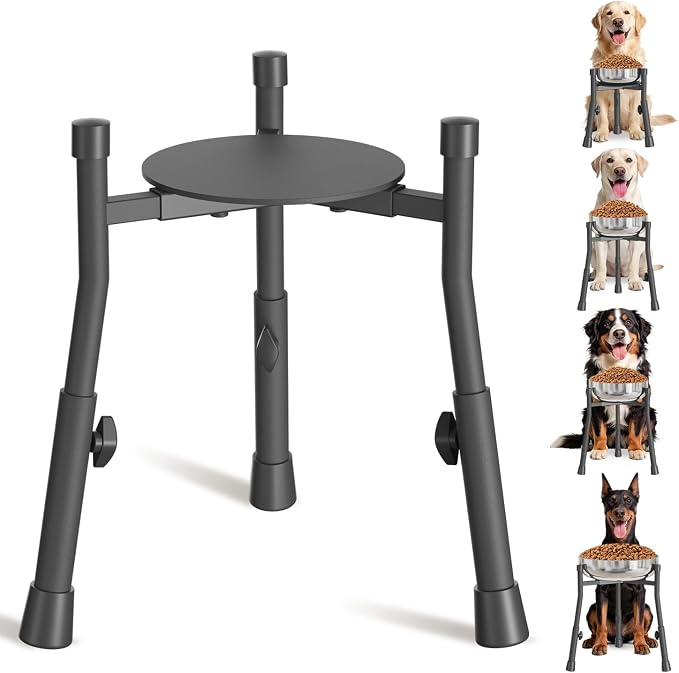 Elevated Dog Bowl Stand for Large Medium Breeds, Extra-Stable Food Feeder | Adjustable Size 4 Heights Width 6-10in, Anti-Tip Metal Raised Water Dish Holder, Non-Slip Tall Single Lifted Riser