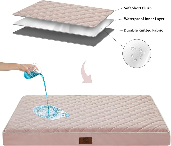WNPETHOME Orthopedic Waterproof Large Dog Bed for Crate Cozy Sleep | Washable Large Pet Bed with Removable Cover, Multi-Needle Quilting Dogs Crate Beds Pink 35x22 Inch