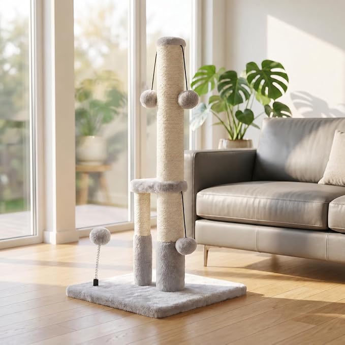 Dimaka Tall Cat Scratching Post, Double Lower Posts Extra Stable Cat Post Tree Scratcher with Sisal Rope and Teasing 4 Balls Total Large Base (Grey)