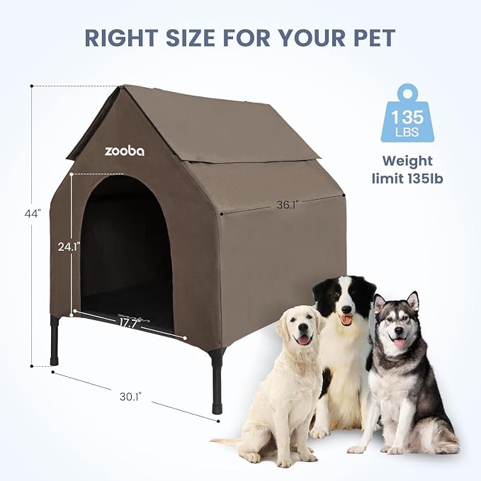 Zooba 36in Large Dog House Outdoor, Elevated Dog Bed with Canopy, Brown | Weather-resistant 600D PVC canopy, breathable 2x1 Textilene elevated bed, steel frame; indoor or outdoor; easy to clean