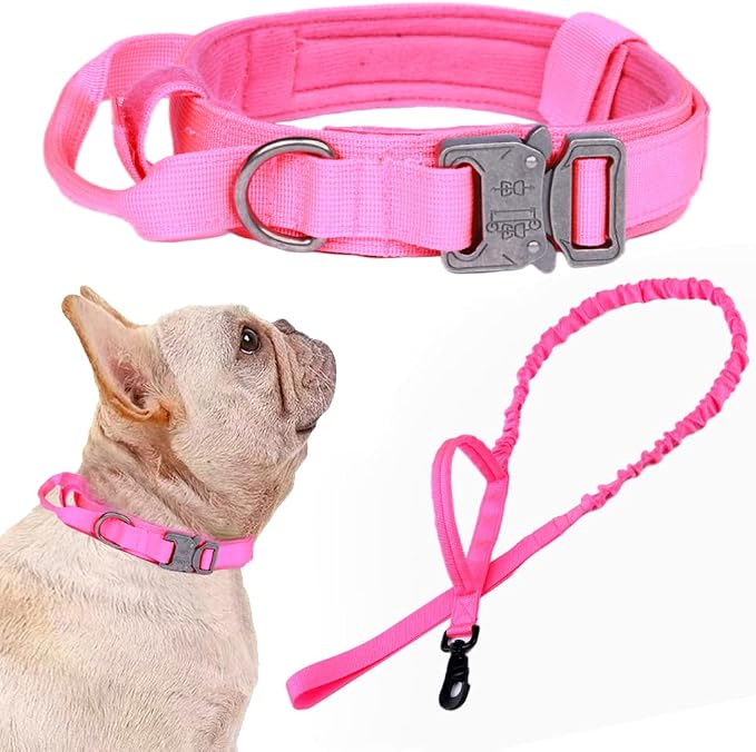 Tactical Dog Collar and Leash Set for Large Dogs with Control Handle,Pink | 1000D Heavy-Duty Nylon Fabric,Quick-Release Metal Buckle,Adjustable Fit,Soft-Padded Webbing,D-Ring,for Training & Hiking,S