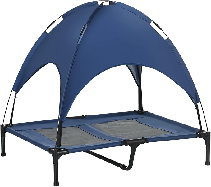 PawHut Elevated Dog Bed with Removable Canopy, Outdoor Dog Cot with UV Protection Canopy Shade, 36 inch Large Pet Bed for Camping, Dark Blue | Large Pet Bed, Outdoor Dog Cot, UV Protection Shade, Camping