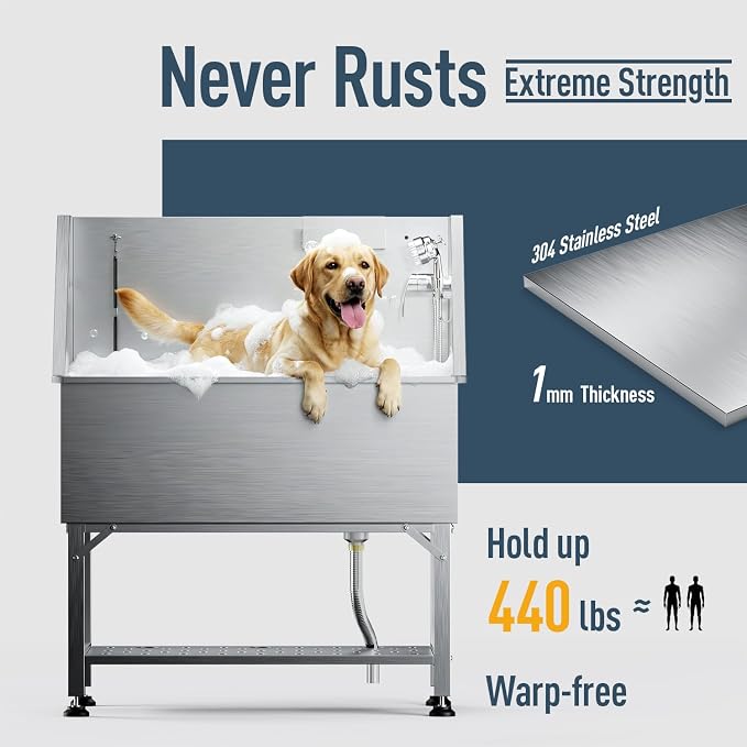 38" Stainless Steel Dog Washing Station - 304 Seamless Soaking Tub for Small & Medium Dogs, Non-Slip & Leak-Proof Pet Grooming Sink with Bottom Storage Shelf & Hair Catcher for Home & Spa | Dog grooming tub, hot cold faucet, fixed sprayer, shampoo disp...