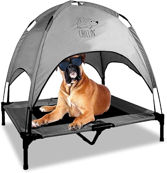 Floppy Dawg Just Chillin' Elevated Dog Bed. Cool Cot with Removable Canopy Shade. Indoor or Outdoor Pet Use. Lightweight and Portable. Chill in Style on Raised Breathable Mesh Fabric.