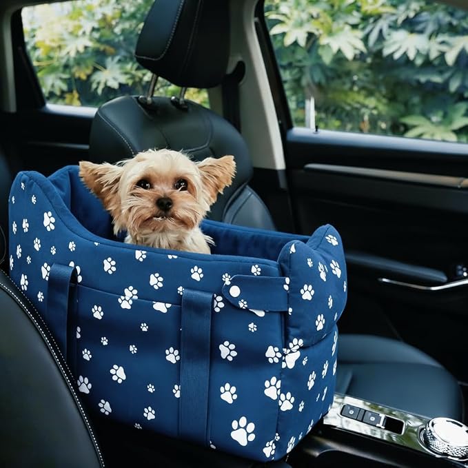 Dog Car Seat for Small Dogs 5-15 lbs, Navy Blue | Center Console Puppy Booster and Portable Travel Bed, Anti-Collapse Design with Washable Fluffy Cushion