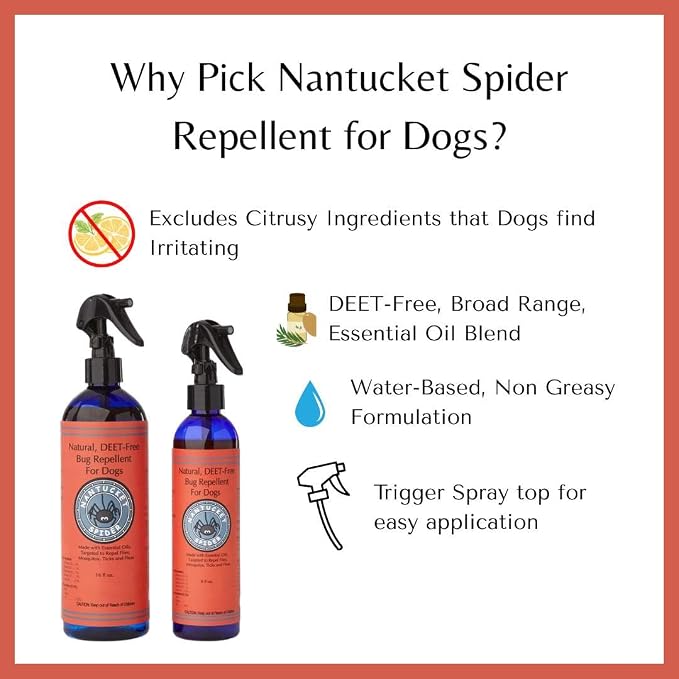 Nantucket Spider Natural Bug Repellent for Dogs | DEET-Free with Organic Essential Oils | Repels Mosquito, Flies, Ticks and Fleas | Non-Greasy Insect Spray with Thyme Oil | Large Size - 16 fl oz