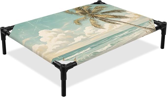 Outdoor Elevated Dog Bed for Medium Dogs, Palm Trees Breathable Cooling Raised Dog Cot for Indoor/Outdoor, Beach Summer Blue Ocean Sky Natural Landscape Waterproof Elevated Pet Beds, M 24 x 20 in