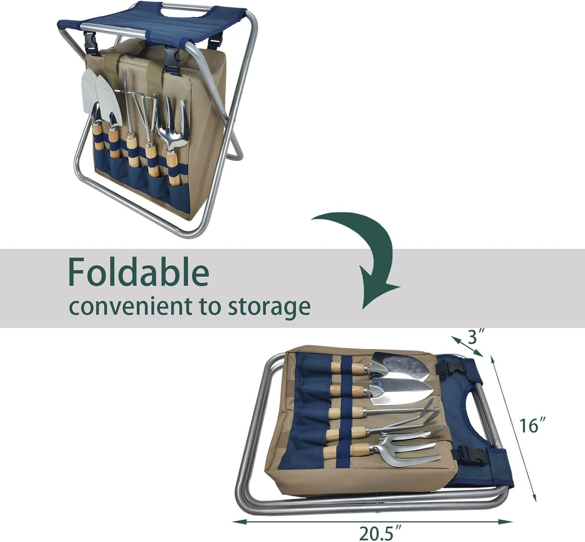 Garden Folding Gardener Stool with Gardening Tools Insulation Garden Bags Plus 5 Garden Tools and Gardening Kneeler Ideal Gift for Mother's Day/Father's Day (Navy Blue)