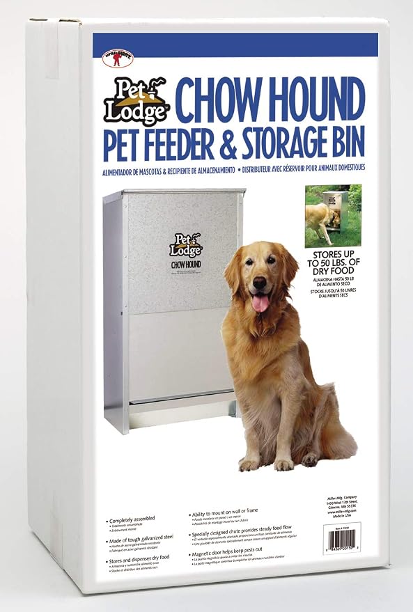Pet Lodge® Automatic Dog Feeder | Chow Hound Outdoor Pet Feeder for Large Dogs | Tough Galvanized Steel | Made in USA | 50 Pound | Large Refillable Home Feeding Containers and Storage Dispensers for Dogs, Silver