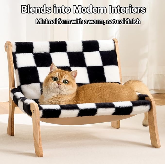 Solid Wood Cat Couch Bed for Indoor Cats, Modern Cat Sofa with Ultra-Soft Plush Surface Washable, Reclined Backrest, Elevated Plush Cat Lounge for Small to Adult Cats, Black & White