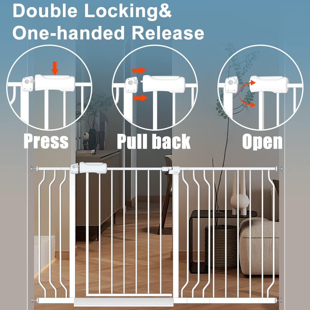 Safety Baby Gates for Doorway Stairs 43.5-48 Inch Extra Wide Child Gate for Kid Pet Dog Gate Indoor Pressure Mounted No Drill Baby Gate White