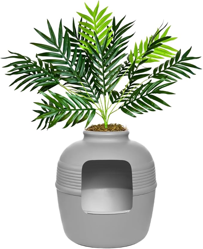 Good Pet Stuff Original Hidden Litter Box Planter, Decorative Cat Litter Enclosure with Carbon Filter, Artificial Palm Plant, Upgraded Design, Easy Clean Litter Tray, Essentials Kit, Stone Gray