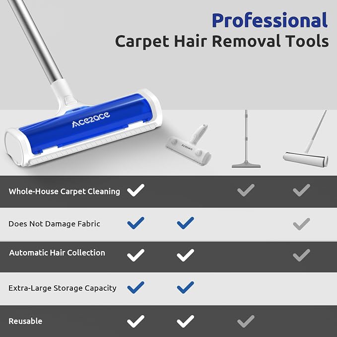 ACE2ACE A3 Pro Carpet Roller for Pet Hair, Carpet Pet Hair Removal Tool, Reusable Large Lint Rollers, 5 Feet Long Handle No Bending No Kneeling, Cat Dog Hair Remover for Carpet, Rugs, Mats, Royal
