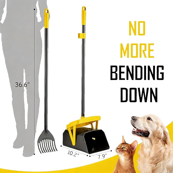 FUSBUNTY Pooper Scooper Swivel Bin & Rake with 100 Waste Bags, Dog Pooper Scooper with Bag Attachment for Large Medium Small Dogs, Poop Scooper with Lid for Lawn Yard Dog Kennel - Yellow